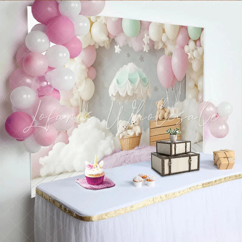Lofaris Pastel Teddy Bear Hot Air Balloon Baby Shower Backdrop with Clouds and Stars Dreamy Photography Background for Newborns