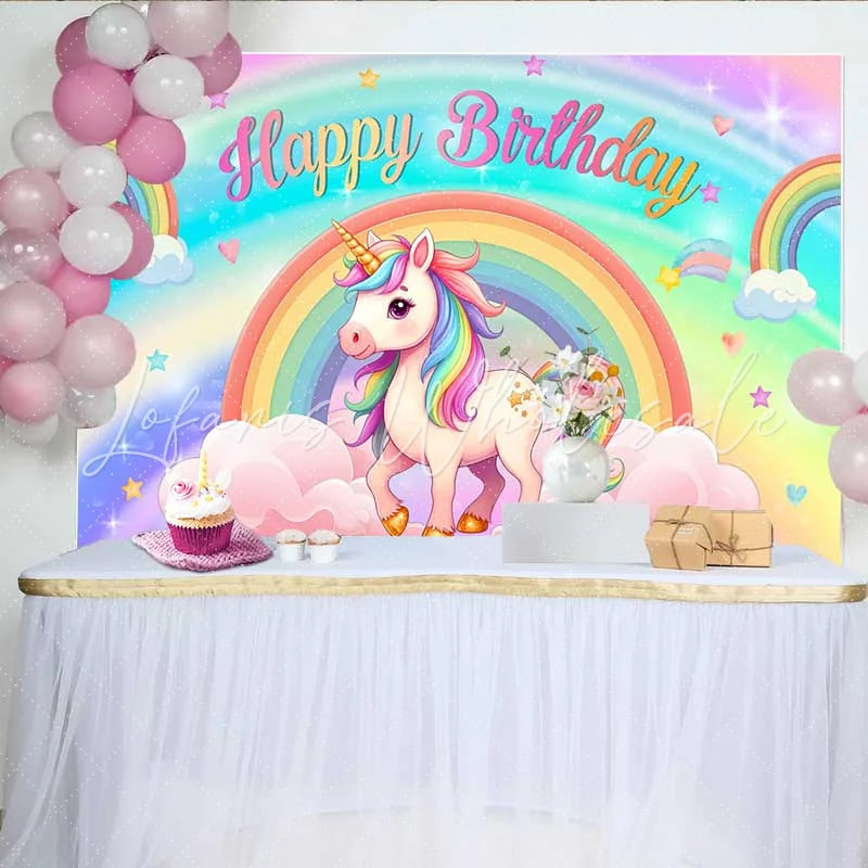 Lofaris Pastel Unicorn Rainbow Backdrop Cute Birthday Cloud and Shooting Star Banner