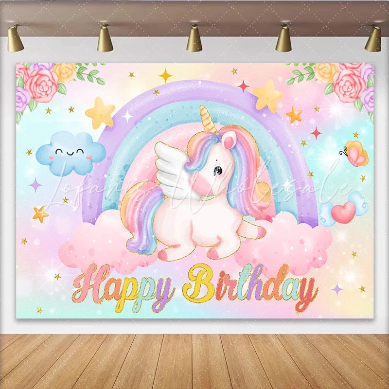 Lofaris Pastel Unicorn Rainbow Backdrop Flying Unicorn and Smiley Cloud Background for Girls Happy Birthday