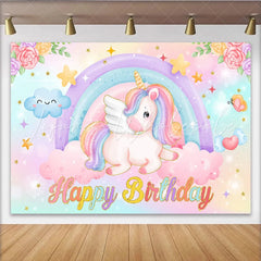 Lofaris Pastel Unicorn Rainbow Backdrop Flying Unicorn and Smiley Cloud Background for Girls Happy Birthday