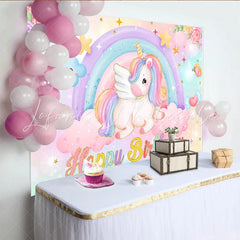 Lofaris Pastel Unicorn Rainbow Backdrop Flying Unicorn and Smiley Cloud Background for Girls Happy Birthday