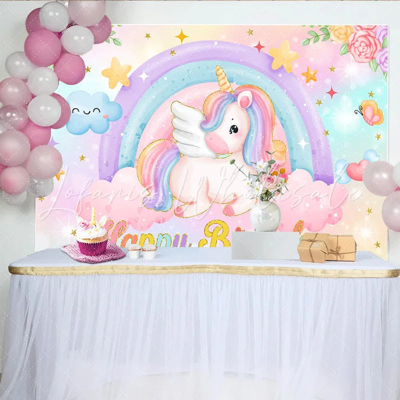 Lofaris Pastel Unicorn Rainbow Backdrop Flying Unicorn and Smiley Cloud Background for Girls Happy Birthday