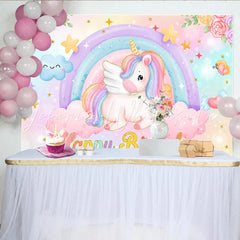 Lofaris Pastel Unicorn Rainbow Backdrop Flying Unicorn and Smiley Cloud Background for Girls Happy Birthday