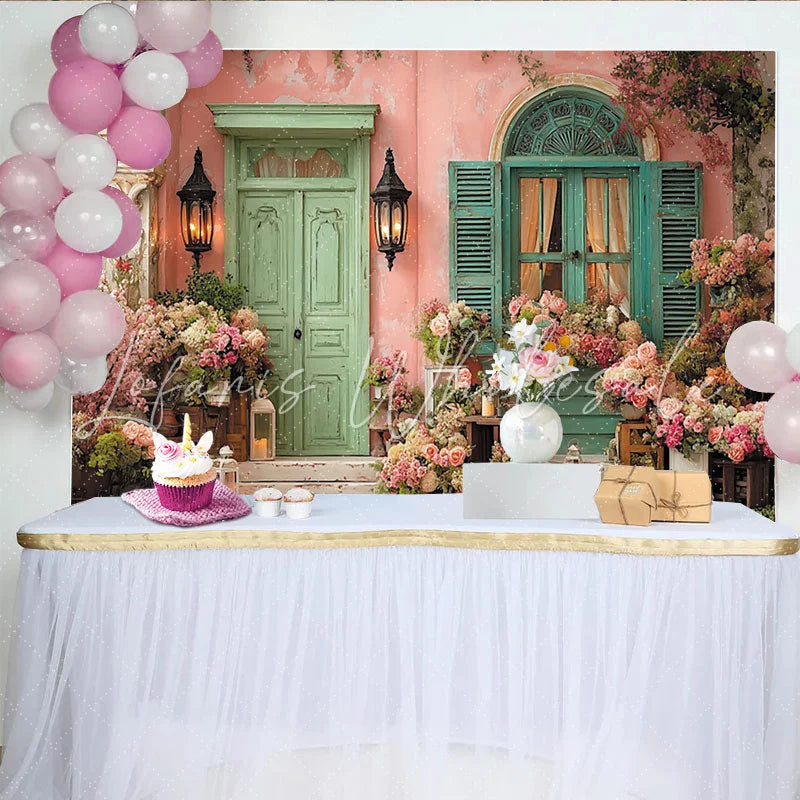 Lofaris Pastellfarbener Vintage-Blumen-Hintergrund mit Tür und Fenster für Partys und Fotoshootings romantische Kulisse