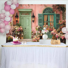 Lofaris Pastellfarbener Vintage-Blumen-Hintergrund mit Tür und Fenster für Partys und Fotoshootings romantische Kulisse