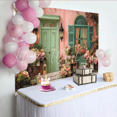 Lofaris Pastellfarbener Vintage-Blumen-Hintergrund mit Tür und Fenster für Partys und Fotoshootings romantische Kulisse