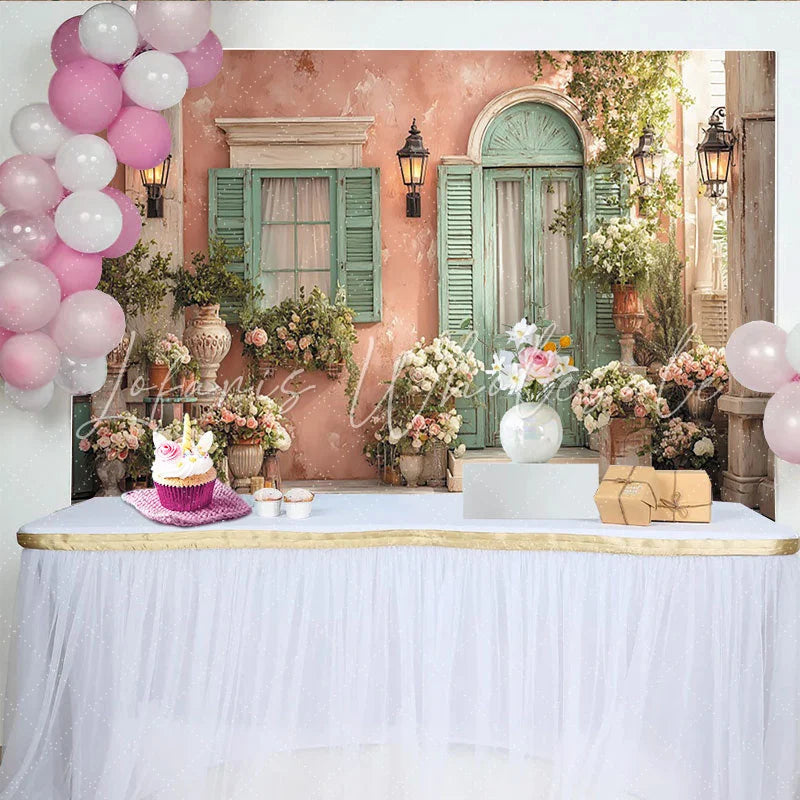Lofaris Pastellrosa Wand Minzgrüne Tür und Blumen Partyhintergrund für Hochzeiten Geburtstage und Fotoshootings