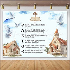 Lofaris Pastor Appreciation Backdrop Religious Acrostic Poem with Doves and Church Watercolor Art