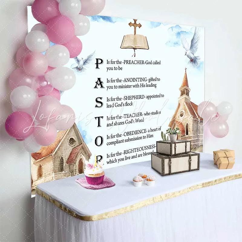 Lofaris Pastor Appreciation Backdrop Religious Acrostic Poem with Doves and Church Watercolor Art