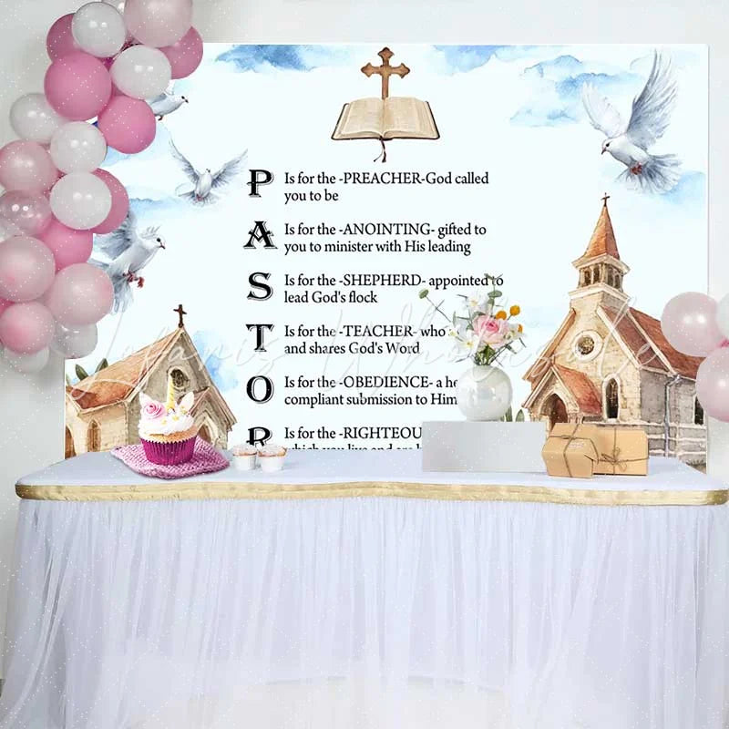Lofaris Pastor Appreciation Backdrop Religious Acrostic Poem with Doves and Church Watercolor Art