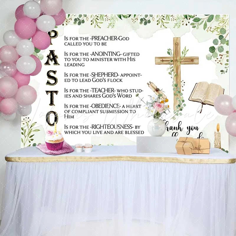 Lofaris Pastor Appreciation Day Backdrop Religious PASTOR Poem with Wooden Cross and Bible Decoration