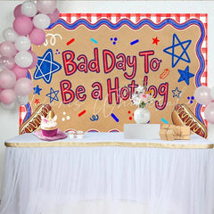 Lofaris Patriotic Independence Day Backdrop with Hotdog Slogan Red White and Blue Stars Photo Booth Prop for Summer Party