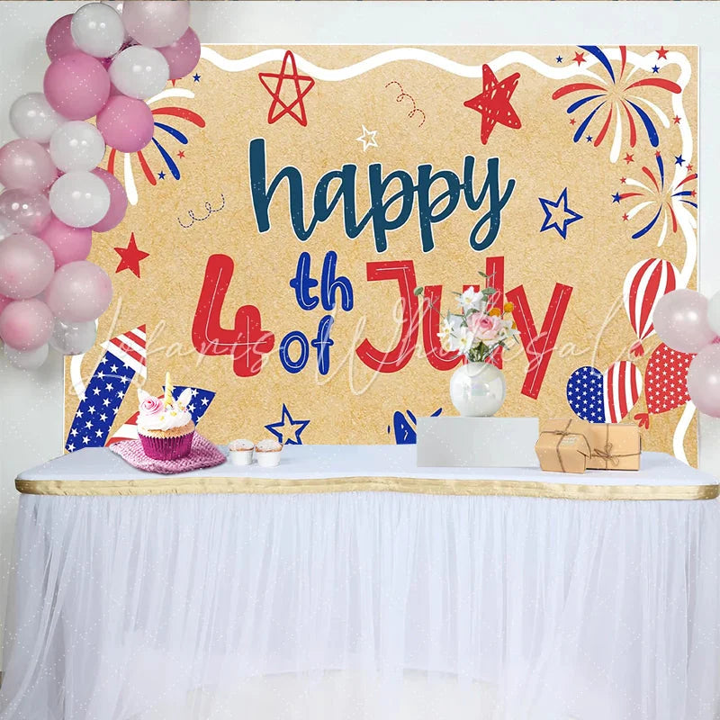 Lofaris Patriotic Red White and Blue 4th of July Holiday Backdrop with Fireworks Stars Rustic Kraft Texture Independence Day Decor