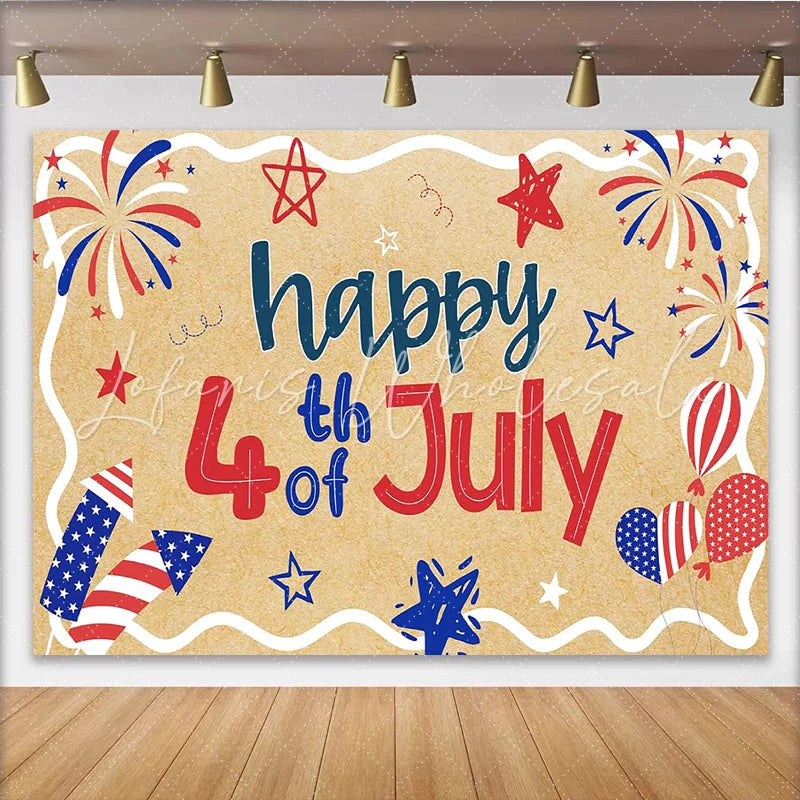 Lofaris Patriotic Red White and Blue 4th of July Holiday Backdrop with Fireworks Stars Rustic Kraft Texture Independence Day Decor