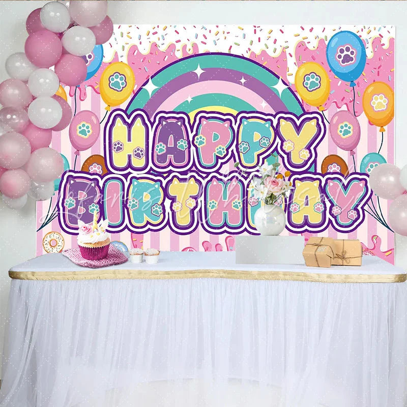 Lofaris Paw Print Happy Birthday Backdrop with Rainbow and Balloons Sweet Animal Party Decor for Kids Photoshoot.