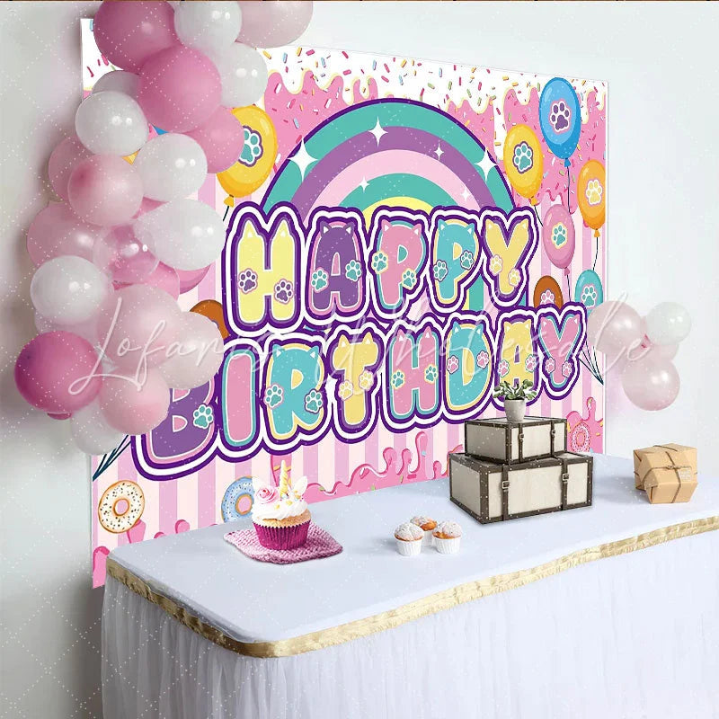 Lofaris Paw Print Happy Birthday Backdrop with Rainbow and Balloons Sweet Animal Party Decor for Kids Photoshoot.