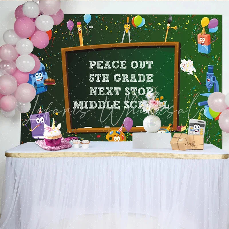 Lofaris Peace Out 5th Grade Graduation Backdrop with Cartoon School Supplies Next Stop Middle School Party Background for Student