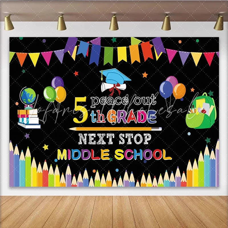 Lofaris Peace Out 5th Grade Graduation Backdrop with Colorful Banners Next Stop Middle School Party Decor for Photo Booth Props