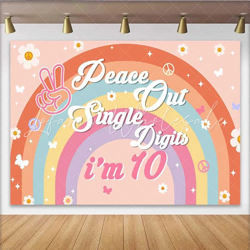 Lofaris Peace Out Single Digits Backdrop 10th Birthday Groovy Boho Rainbow Daisy Decor