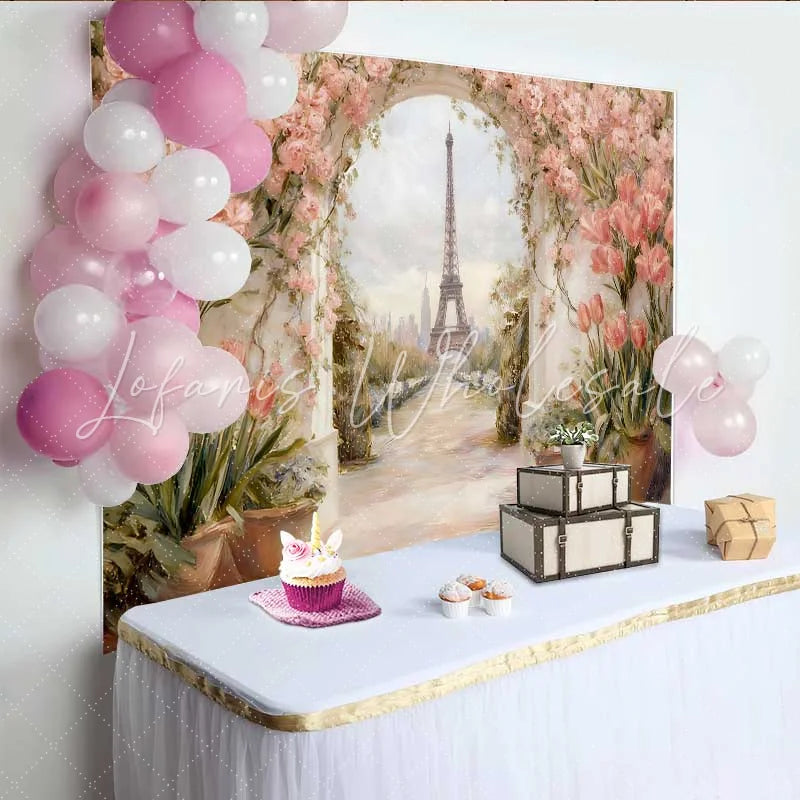 Lofaris Photography Backdrop Paris Eiffel Tower Pink Tulip Floral Arch Vintage Painting