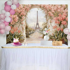 Lofaris Photography Backdrop Paris Eiffel Tower Pink Tulip Floral Arch Vintage Painting