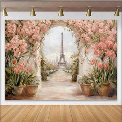 Lofaris Photography Backdrop Paris Eiffel Tower Pink Tulip Floral Arch Vintage Painting
