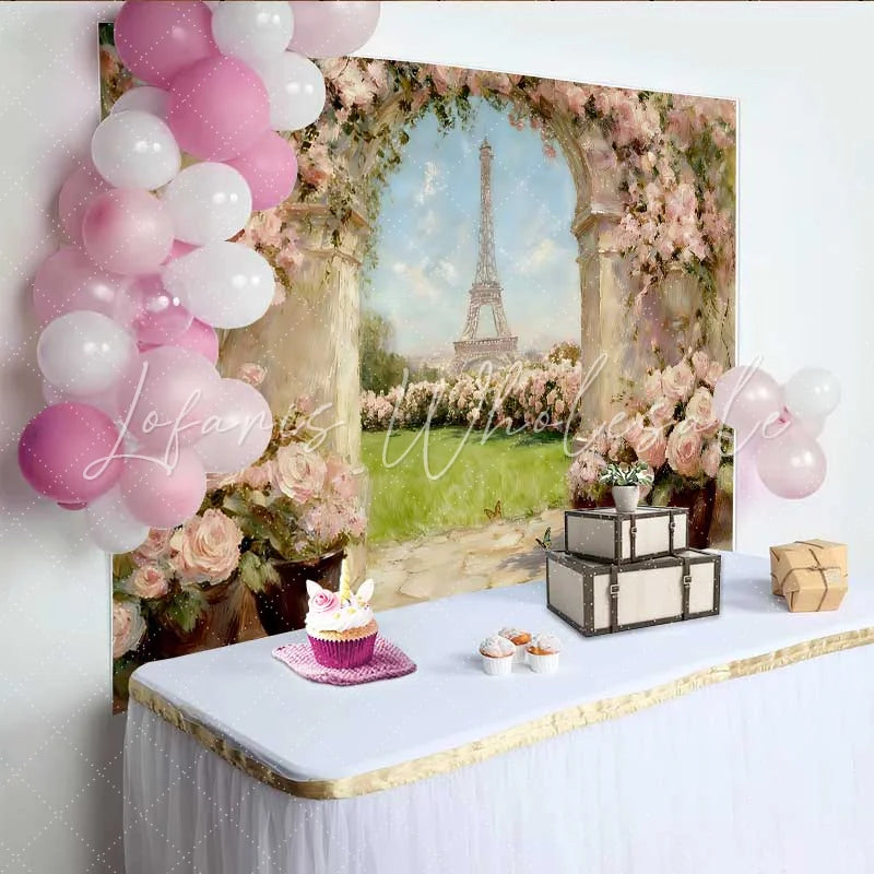 Lofaris Photography Backdrop Paris Eiffel Tower Spring Pink Rose Oil Painting Style Decor