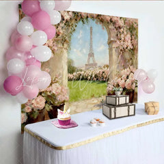Lofaris Photography Backdrop Paris Eiffel Tower Spring Pink Rose Oil Painting Style Decor