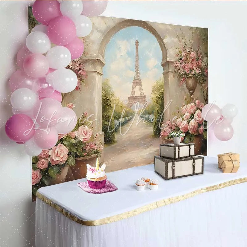 Lofaris Photography Backdrop Paris Spring Eiffel Tower Stone Arch Floral Walkway Prop