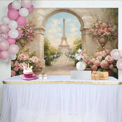 Lofaris Photography Backdrop Paris Spring Eiffel Tower Stone Arch Floral Walkway Prop