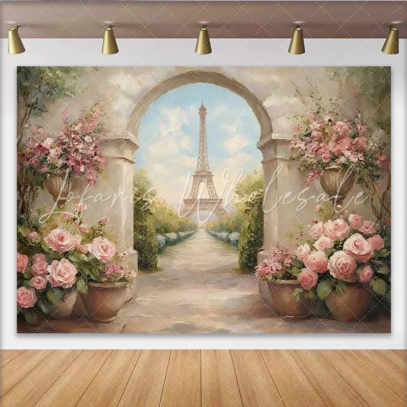 Lofaris Photography Backdrop Paris Spring Eiffel Tower Stone Arch Floral Walkway Prop