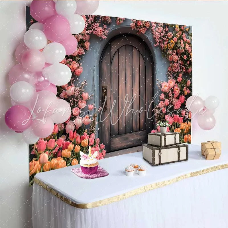 Lofaris Photography Backdrop Spring Pink Floral Rustic Wooden Door Enchanted Garden Prop