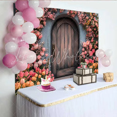 Lofaris Photography Backdrop Spring Pink Floral Rustic Wooden Door Enchanted Garden Prop