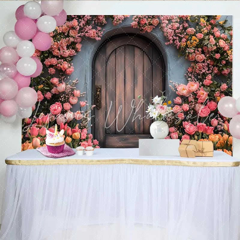 Lofaris Photography Backdrop Spring Pink Floral Rustic Wooden Door Enchanted Garden Prop