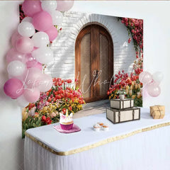 Lofaris Photography Backdrop Spring Red Tulip Garden Rustic Wooden Arch Door Decoration
