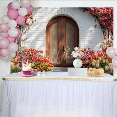 Lofaris Photography Backdrop Spring Red Tulip Garden Rustic Wooden Arch Door Decoration