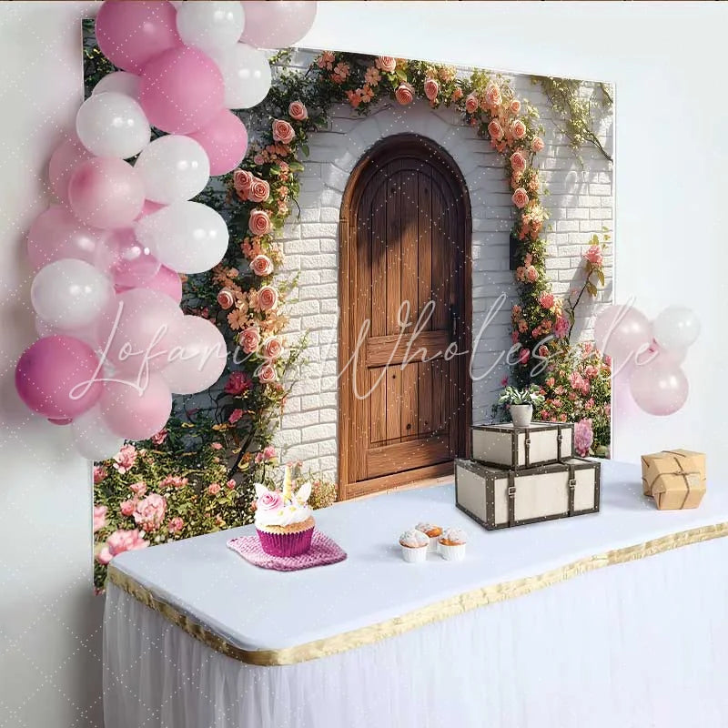 Lofaris Photography Backdrop Spring Rustic Wooden Door Pink Rose Floral Arch Decoration