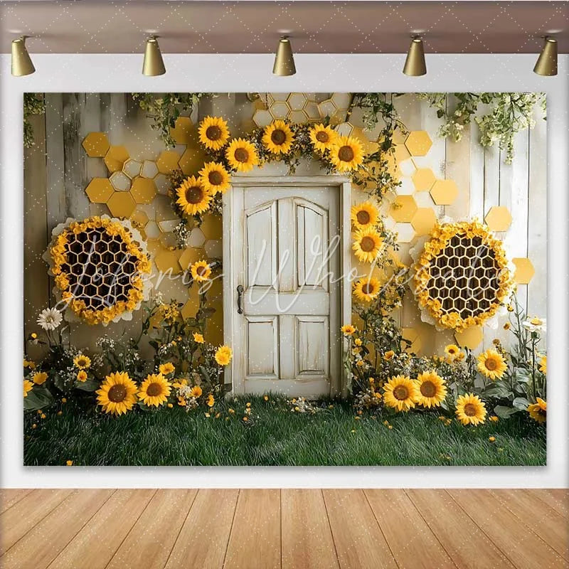 Lofaris Photography Backdrop Sunflower Honeycomb Bee Theme Rustic Door Cake Smash