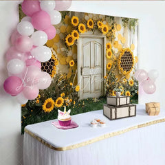 Lofaris Photography Backdrop Sunflower Honeycomb Bee Theme Rustic Door Cake Smash