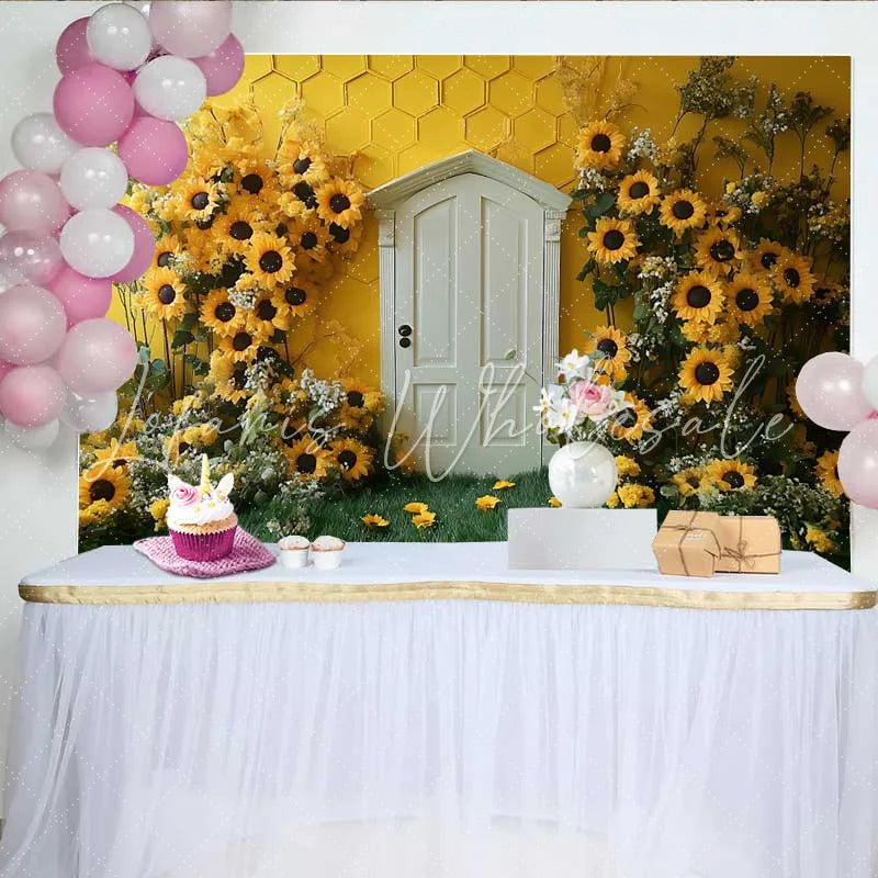 Lofaris Photography Backdrop Sunflower Honeycomb Yellow Wall White Door Cake Smash Prop
