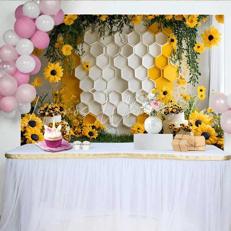 Lofaris Photography Backdrop White Honeycomb Wall Sunflower Floral Cake Smash Decor