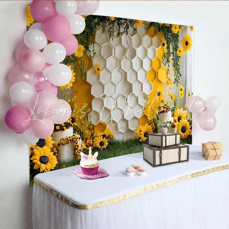 Lofaris Photography Backdrop White Honeycomb Wall Sunflower Floral Cake Smash Decor