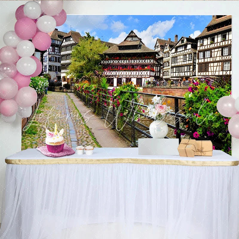 Lofaris Picturesque European Town Photography Backdrop with Canal and Colorful Flowers Scenic Village Background for Studio Photoshoot