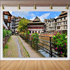 Lofaris Picturesque European Town Photography Backdrop with Canal and Colorful Flowers Scenic Village Background for Studio Photoshoot