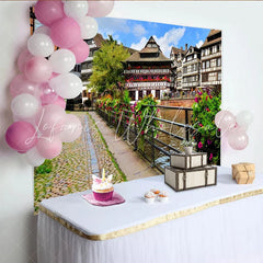 Lofaris Picturesque European Town Photography Backdrop with Canal and Colorful Flowers Scenic Village Background for Studio Photoshoot