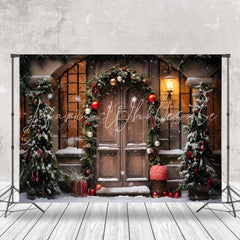 Lofaris Pine Leaves Bells Retro Wood Door Christmas Backdrop