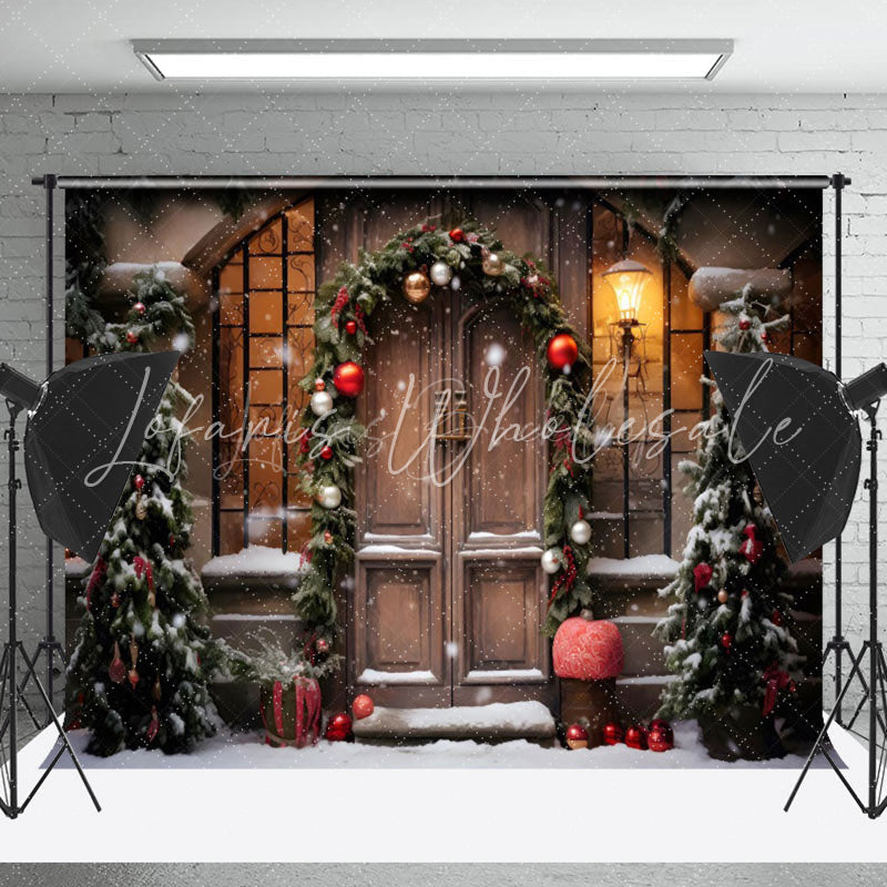 Lofaris Pine Leaves Bells Retro Wood Door Christmas Backdrop