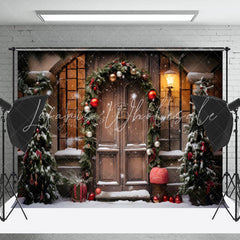 Lofaris Pine Leaves Bells Retro Wood Door Christmas Backdrop