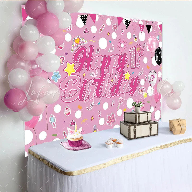 Lofaris Pink 1st Birthday Girl Photography Backdrop with Balloons and Confetti Happy Birthday Party Decor for Photoshoot