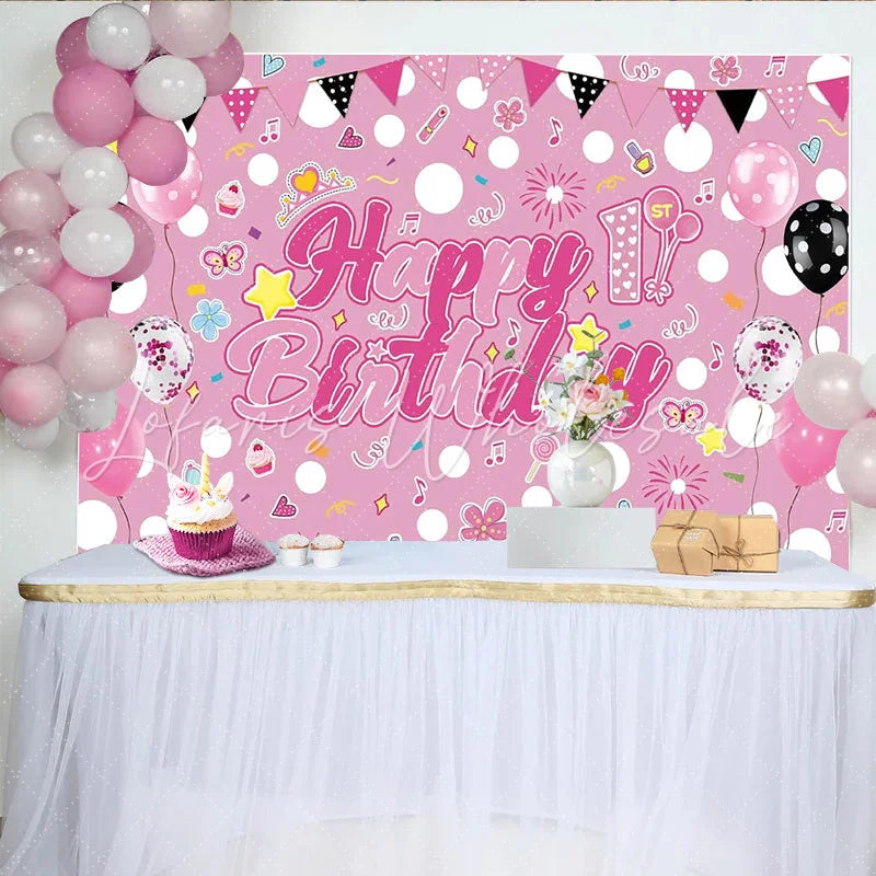 Lofaris Pink 1st Birthday Girl Photography Backdrop with Balloons and Confetti Happy Birthday Party Decor for Photoshoot